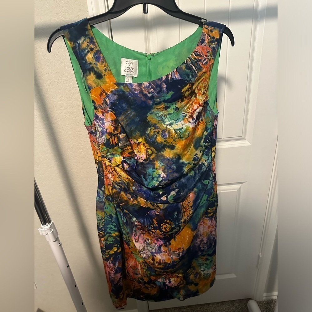 Suzi Chin For Maggy Boutique Abstract Watercolor Print Sheath Silk Dress‎ Size 6